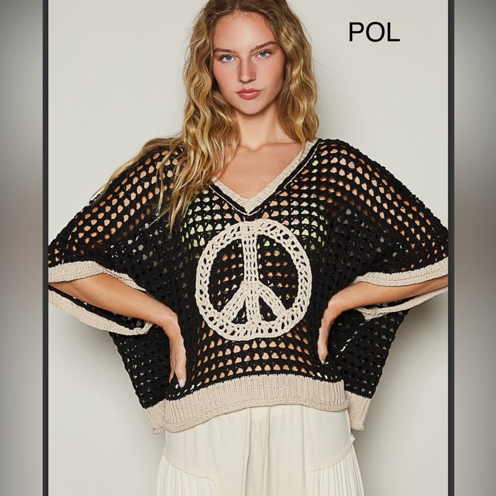 POL Black Crochet Peace Sign Top with Cream Trim